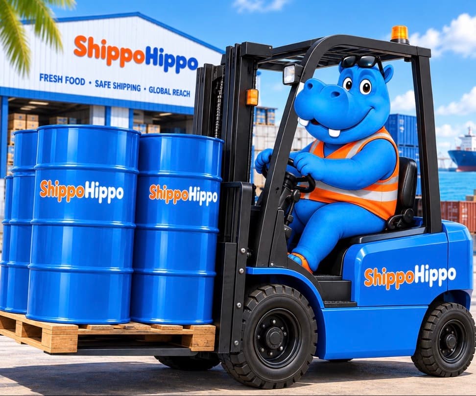 The ShippoHippo hippo driving a forklift loaded with blue ShippoHippo shipping barrels outside the ShippoHippo warehouse