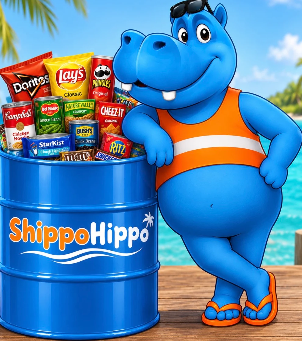The ShippoHippo mascot beside a ShippoHippo barrel packed with American grocery brands, on a Caribbean dock