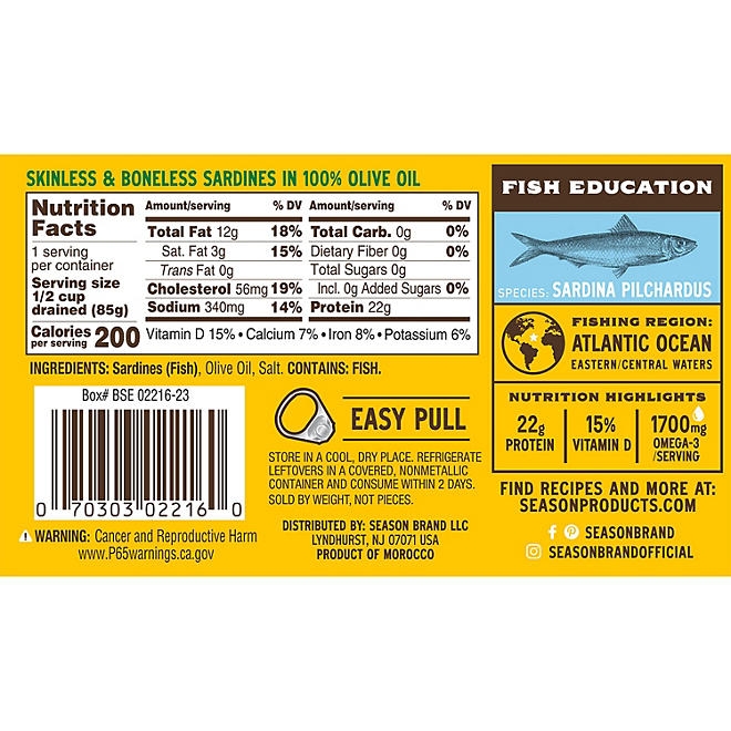 Season Brand Skinless, Boneless Sardines in Olive Oil, 4.375 oz., 6 pk. - Image 4
