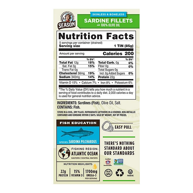 Season Skinless, Boneless Sardines in Olive Oil, 4.375 oz., 5 pk. - Image 3