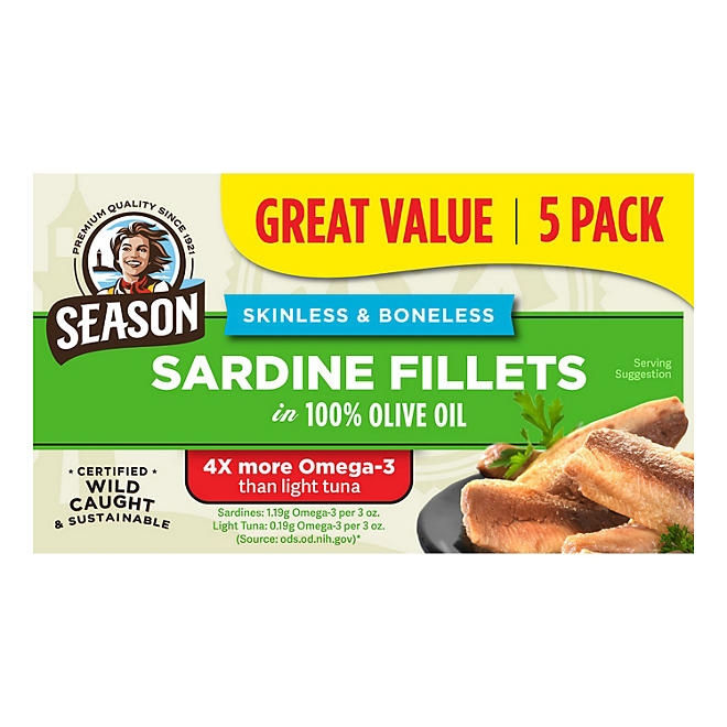 Season Skinless, Boneless Sardines in Olive Oil, 4.375 oz., 5 pk. - Image 7