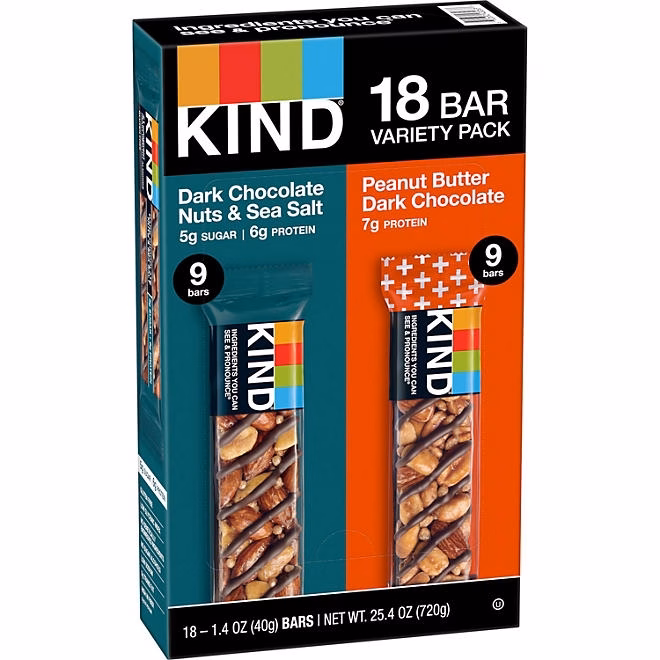 KIND Snack Bars Variety Pack, Dark Chocolate Nuts & Sea Salt and Peanut Butter Dark Chocolate, 18 ct. - Image 2