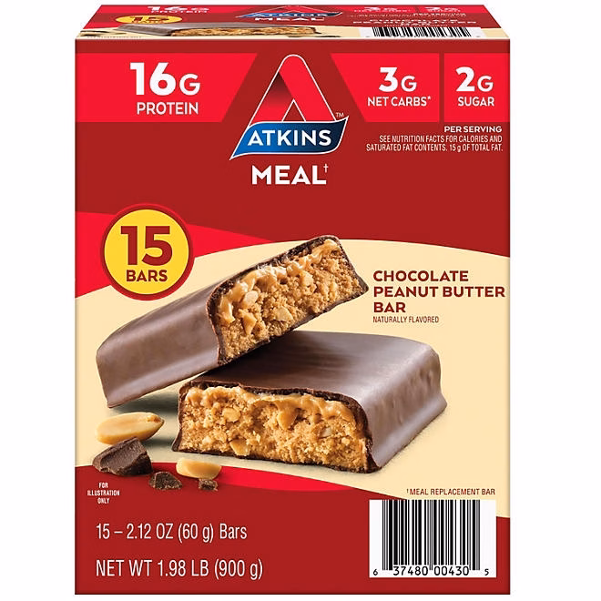 Atkins Chocolate Peanut Butter Meal Bars, High Fiber, 16g of Protein 15 ct. - Image 2