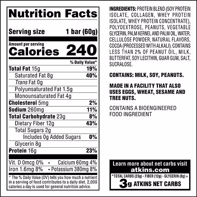 Atkins Chocolate Peanut Butter Meal Bars, High Fiber, 16g of Protein 15 ct. - Image 3