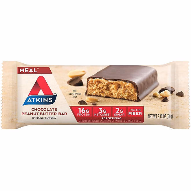 Atkins Chocolate Peanut Butter Meal Bars, High Fiber, 16g of Protein 15 ct. - Image 4