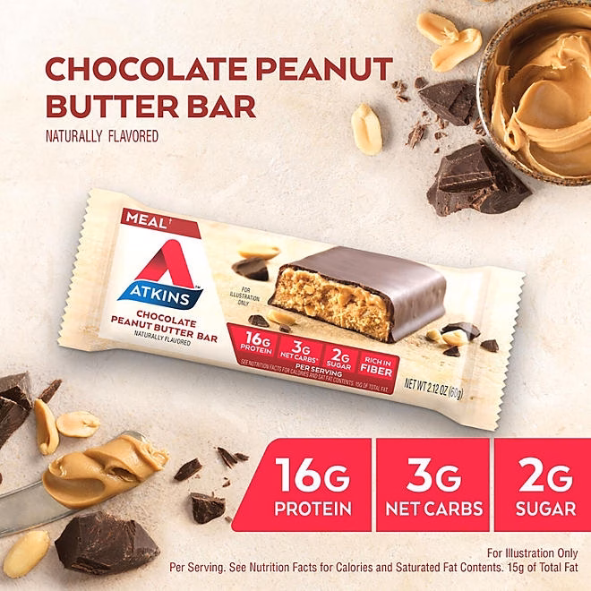 Atkins Chocolate Peanut Butter Meal Bars, High Fiber, 16g of Protein 15 ct. - Image 5