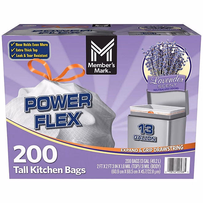 Member's Mark Power Flex 13-Gallon Tall Kitchen Trash Bags, Lavender, 200 ct. - Image 2