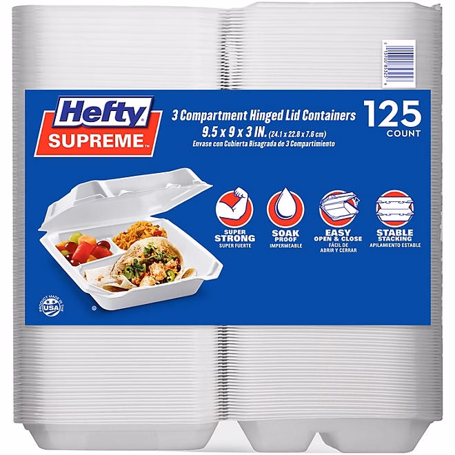 Hefty Supreme Foam Hinged Lid Container, 3-Compartment 125 ct. - Image 2