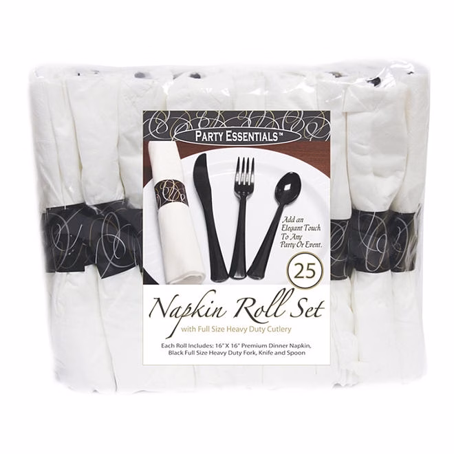 Party Essentials Napkin Roll Bag Set with Black Cutlery (4 - 25 ct. packs, 100 total) - Image 2