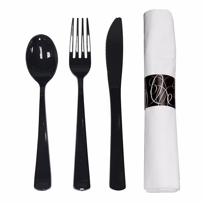 Party Essentials Napkin Roll Bag Set with Black Cutlery (4 - 25 ct. packs, 100 total) - Image 3