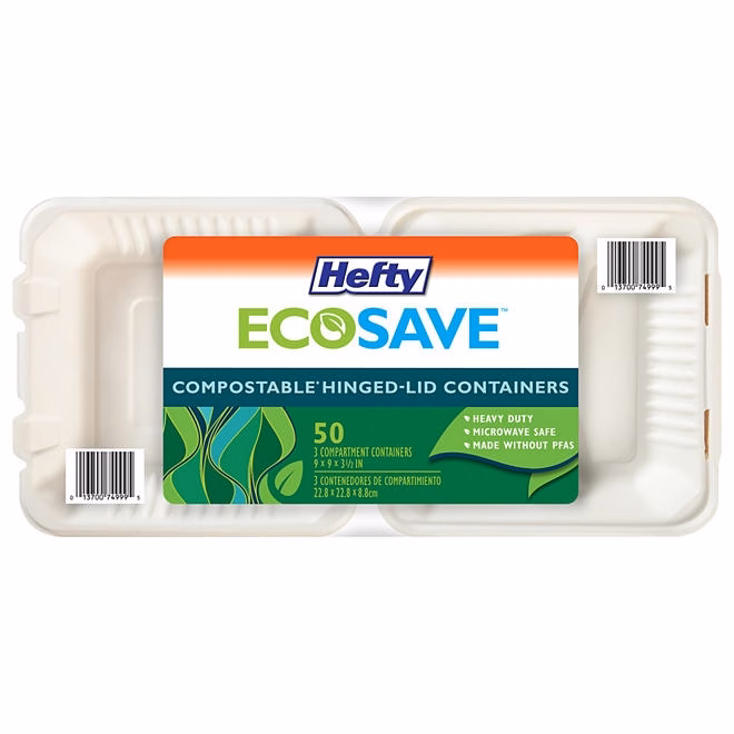 Hefty ECOSAVE 3-Compartment Hinged Lid Container, 9" x 9", 50 ct. - Image 2