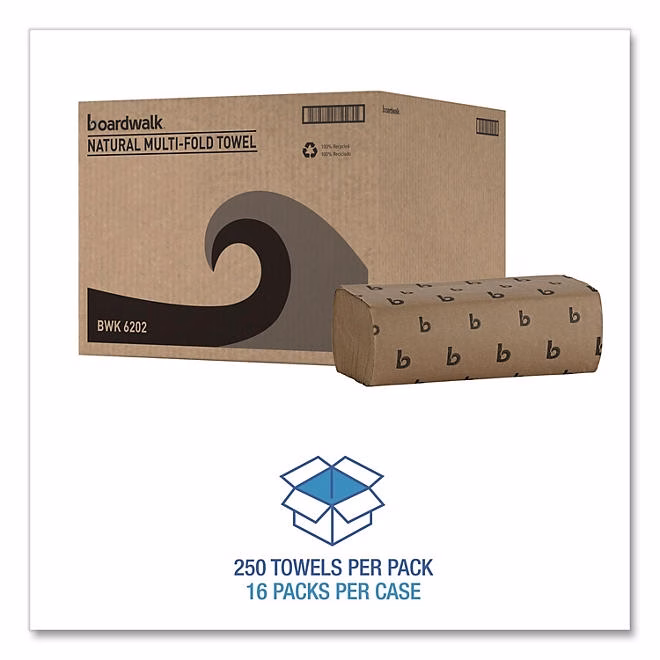 Boardwalk Multifold 1-Ply Natural Paper Towels 16 pks., 250 towels/pk. - Image 5