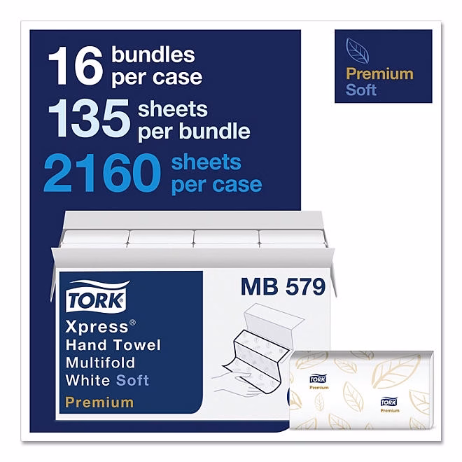 Tork Premium Soft Xpress Multifold 2-Ply White Blue Leaf Hand Towels, 16 pks., 135 towels/pk. - Image 3