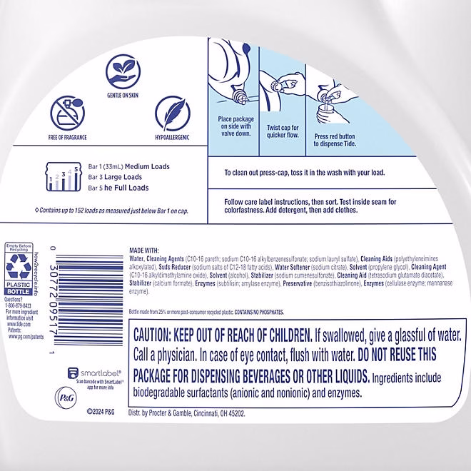 Tide Free & Gentle Liquid Laundry Detergent, 152 loads, 170 fl. oz. - Image 3