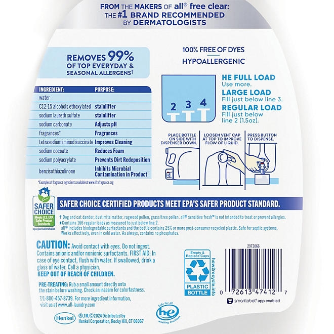 all Sensitive Fresh Liquid Laundry Detergent, Spring Breeze, 166 loads, 250 fl. oz. - Image 3