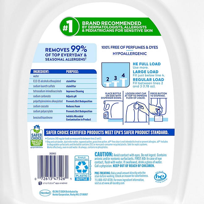 all Free Clear Liquid Laundry Detergent, Advanced Oxi, 140 loads, 250 fl. oz. - Image 3