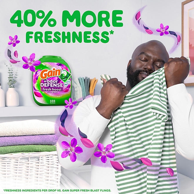 Gain Flings! Odor Defense Fresh Boost Laundry Detergent Pacs, Vibrant Bloom, 108 ct. - Image 6