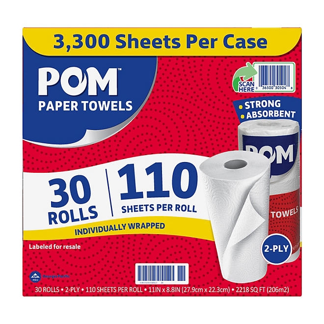 POM Individually Wrapped 2-Ply Paper Towels 30 rolls, 110 sheets/roll - Image 2
