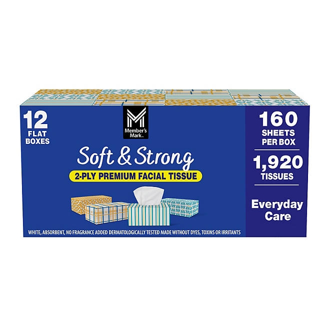 Member&rsquos Mark Soft & Strong 2-Ply Premium Facial Tissues 12 Flat Boxes, 160 tissues/box - Image 2