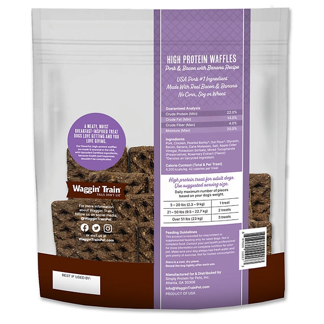Waggin Train Pork & Bacon with Banana Recipe, High Protein Waffles Dog Treats, 36 oz. - Image 3