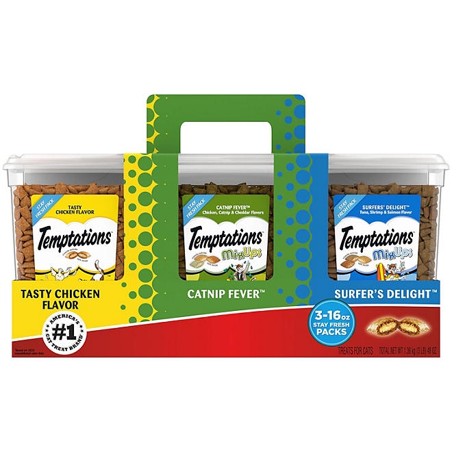TEMPTATIONS Cat Treats Variety Pack with Tasty Chicken Flavor, Catnip Fever, & Surfers' Delight, 16 oz., 3 tubs - Image 2