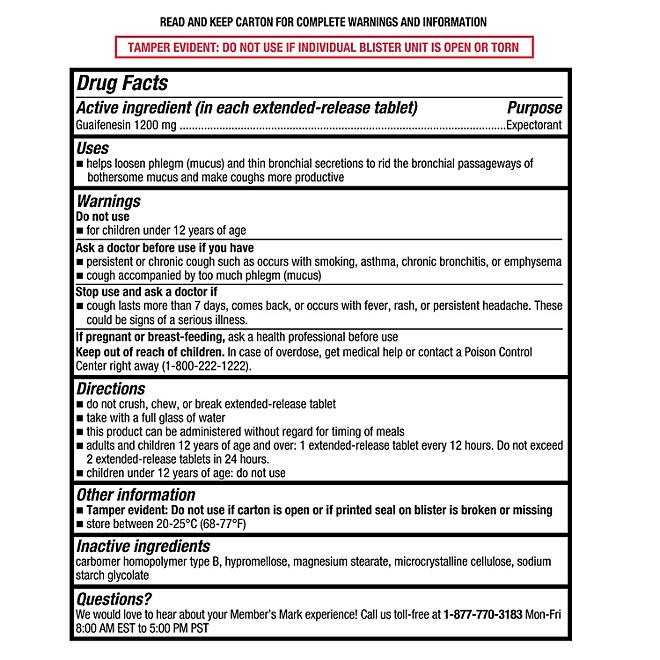 Member's Mark Max Strength Mucus Relief Guaifenesin Tablets, 1200 mg, 56 ct. - Image 3