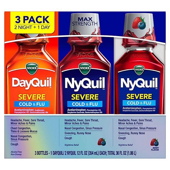Vicks DayQuil & NyQuil Severe Cold & Flu Relief Liquid, Berry, 12 fl. oz., 3 pk. - Image 2