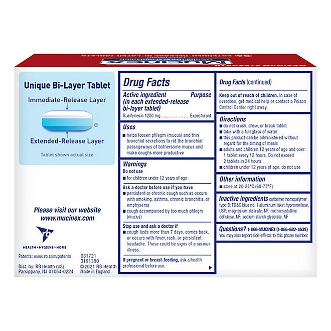Mucinex 12-Hour Maximum Strength Chest Congestion Expectorant Tablets, 1200 mg Guaifenesin 56 ct. - Image 8