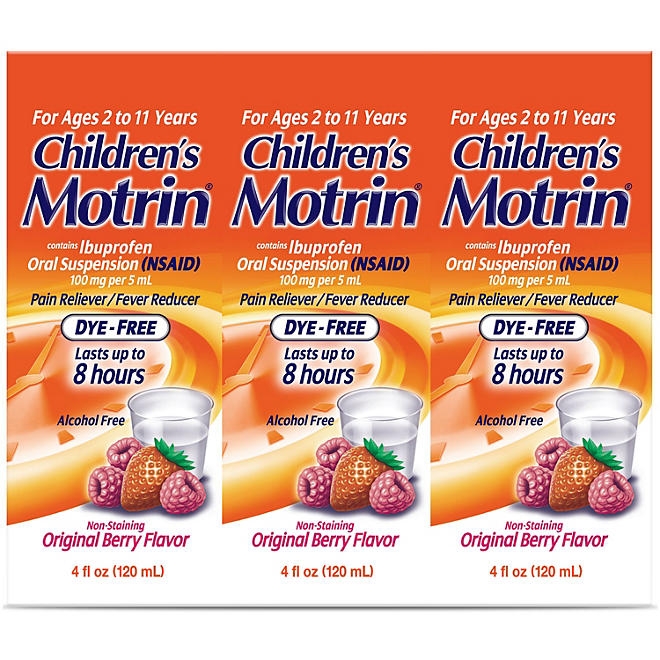 Children's Motrin Pain Reliever/Fever Reducer NSAID, 100 mg Ibuprofen, Original Berry 4 oz., 3 pk. - Image 2
