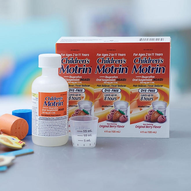 Children's Motrin Pain Reliever/Fever Reducer NSAID, 100 mg Ibuprofen, Original Berry 4 oz., 3 pk. - Image 3