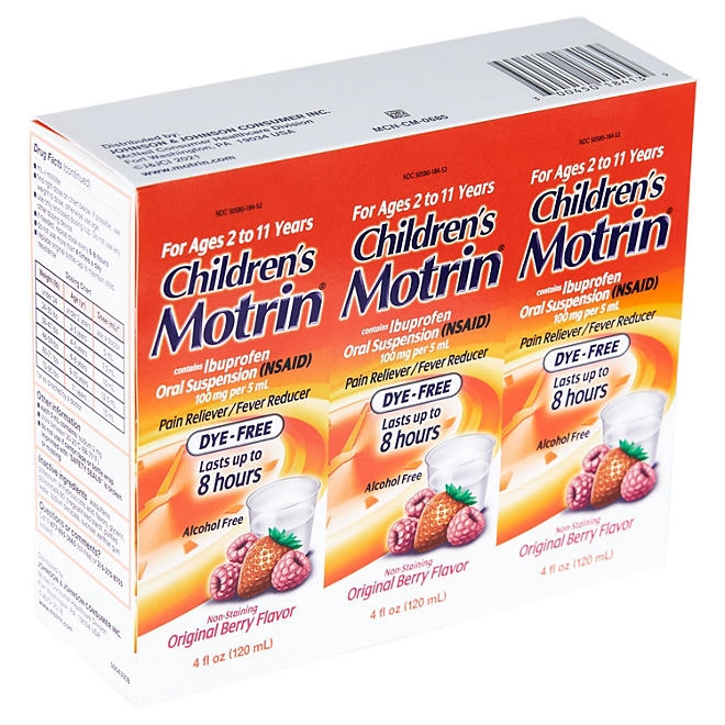 Children's Motrin Pain Reliever/Fever Reducer NSAID, 100 mg Ibuprofen, Original Berry 4 oz., 3 pk. - Image 5