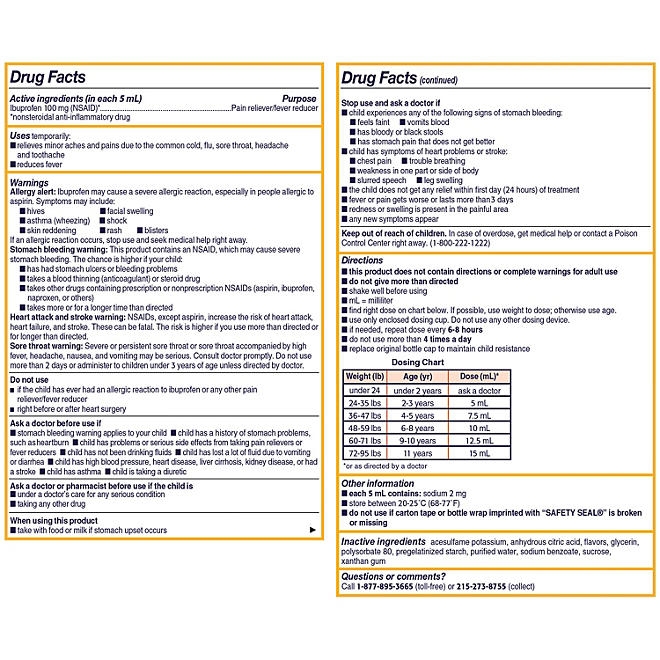 Children's Motrin Pain Reliever/Fever Reducer NSAID, 100 mg Ibuprofen, Original Berry 4 oz., 3 pk. - Image 11