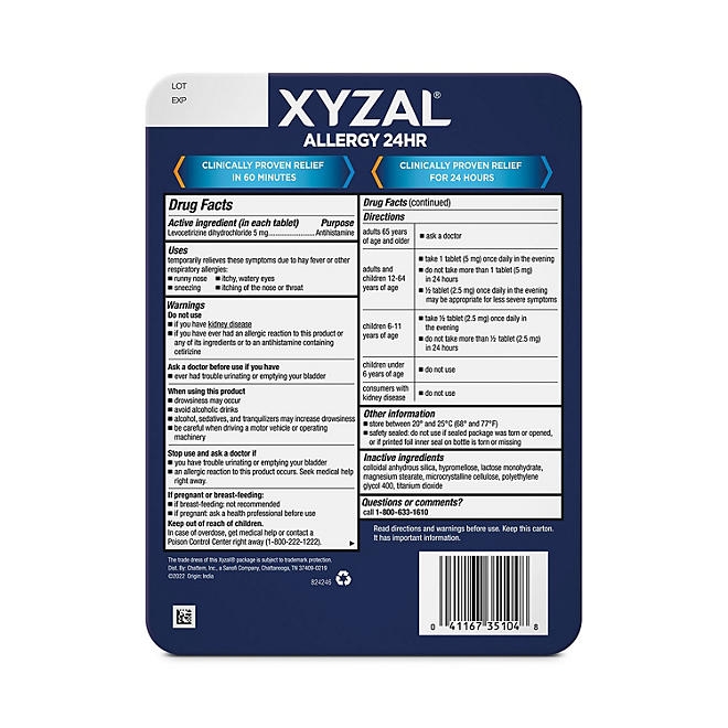 Xyzal 24-Hour Allergy Relief Tablets, 110 ct. - Image 3