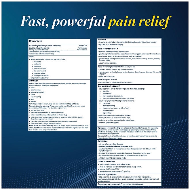 Advil Liqui-Gels Pain Reliever and Fever Reducer, Ibuprofen 200mg Capules, 240 ct. - Image 3
