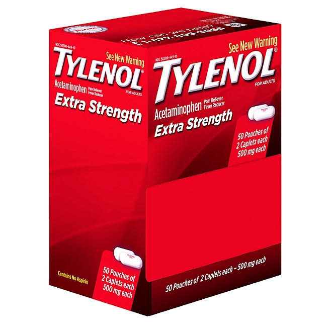 Tylenol Extra Strength, 500 mg. Acetaminophen, 2 caplets/pk., 50 pk. - Image 3