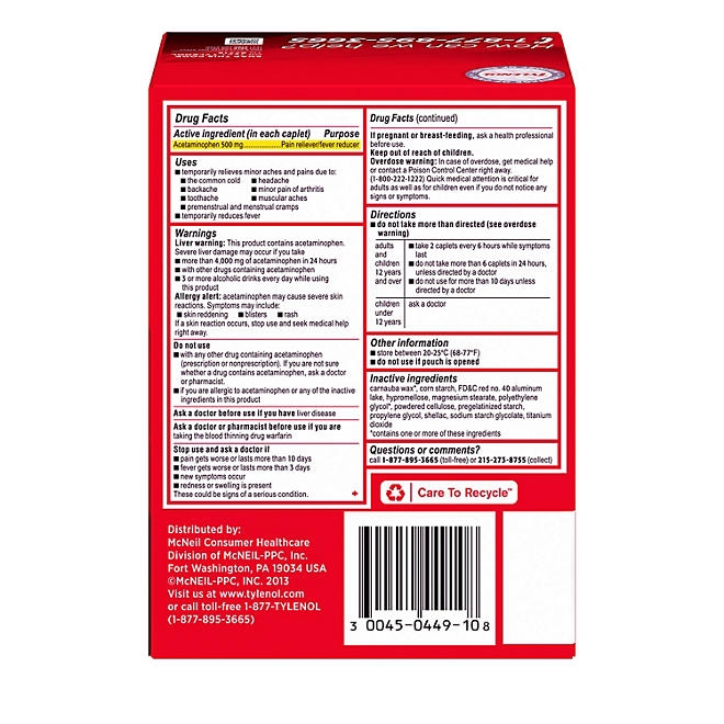 Tylenol Extra Strength, 500 mg. Acetaminophen, 2 caplets/pk., 50 pk. - Image 4
