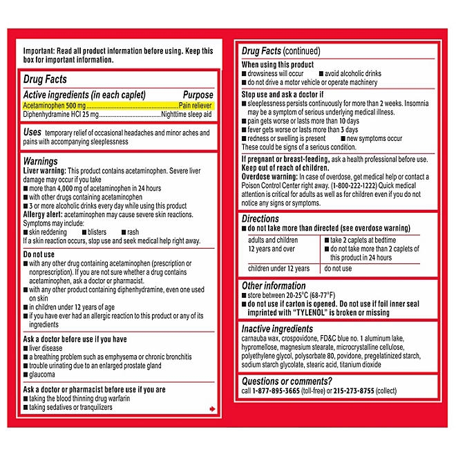 Tylenol PM Extra Strength Pain Relief Caplets 225 ct. - Image 8