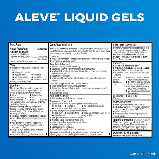 Aleve Pain Reliever & Fever Reducer Liquid Gels, Naproxen Sodium, Pain Relief, 160 ct. - Image 3