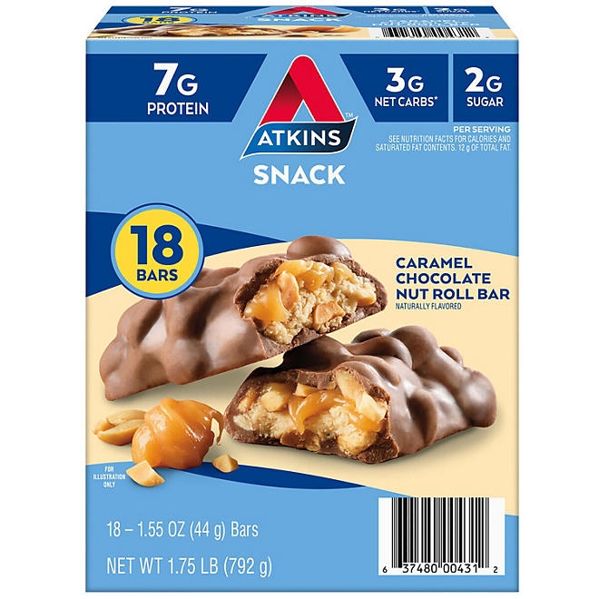 Atkins Anytime Snacks, Snack Bar, Caramel Chocolate Nut Roll, 18 ct. - Image 2