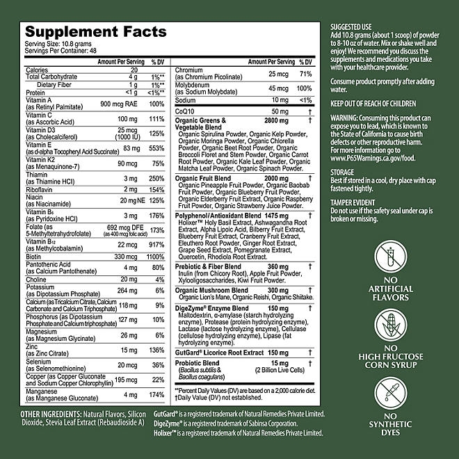 Member's Mark Super Greens Powder, Tropical Flavor, 18.28 Ounces, 48 Servings - Image 3