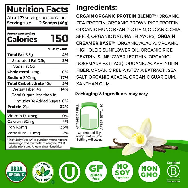 Orgain Organic 21g Plant-Based Protein Powder, Vanilla Bean 2.74 lbs. - Image 3