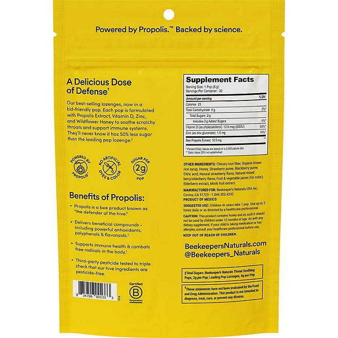 BeeKeeper's Naturals Kid's Propolis Throat Soothing Pops, 30 ct. - Image 3