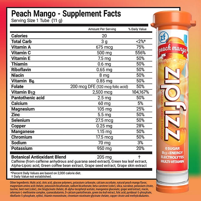 Zipfizz Energy Multi-Vitamin Hydration Drink Mix, Peach Mango, 20 ct. - Image 3