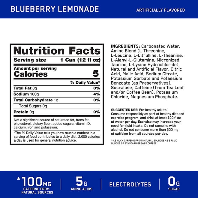 Optimum Nutrition Essential Amino Energy + Electrolytes Sparkling Hydration Drink, Blueberry Lemonade 12 ct. - Image 3