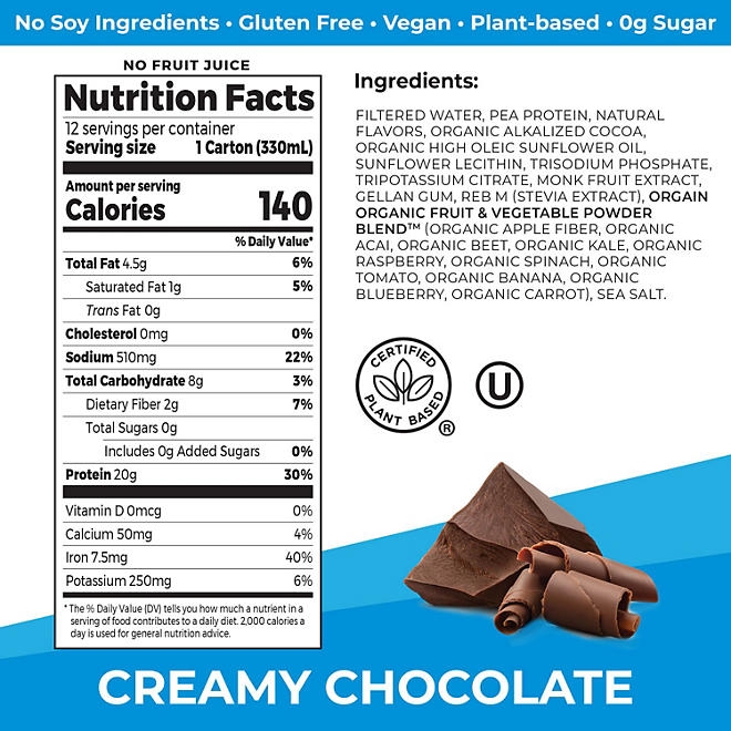 Orgain 20g Plant Based Protein Shake, Chocolate 11 fl. oz. 12 pk. - Image 3