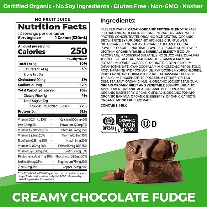 Orgain Organic Nutrition 16g Grass-Fed Protein Shake, Creamy Chocolate Fudge, 11 fl. oz., 12 pk. - Image 3