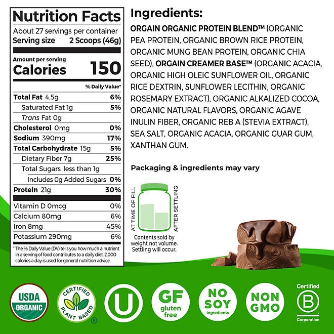 Orgain Organic 21g Plant-Based Protein Powder, Creamy Chocolate Fudge 2.74 lbs. - Image 3