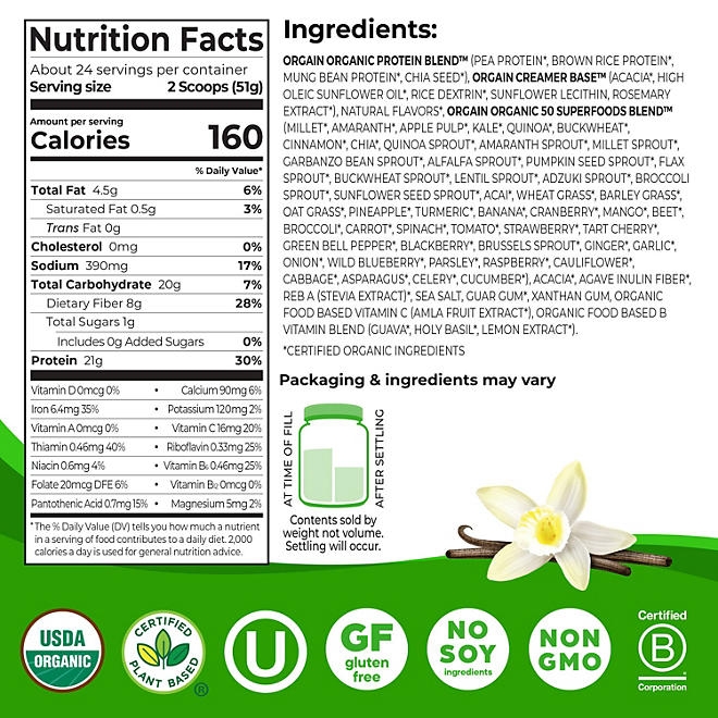 Orgain Organic 21g Plant-Based Protein Powder + Superfoods, Vanilla 2.7 lbs. - Image 3