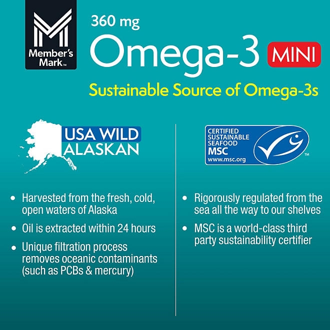 Member's Mark 360mg Omega-3 from Fish Oil MINI Softgels, 300 ct. - Image 5