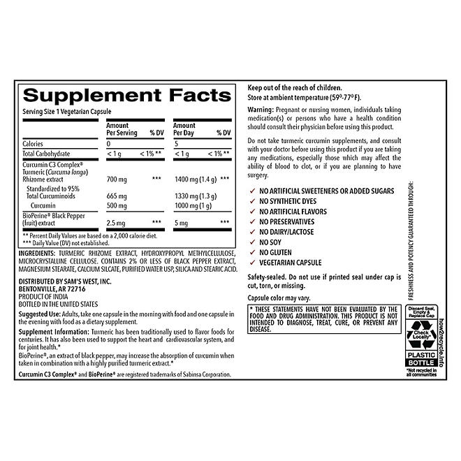 Member's Mark Turmeric Extract Dietary Supplement Capsules, 180 ct. - Image 3